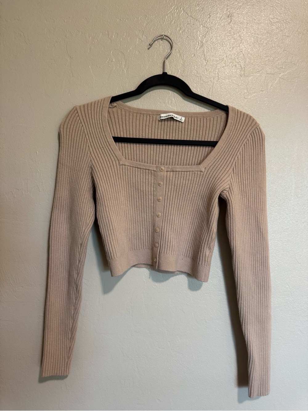 Abercrombie Tan Ribbed Square Neck Cropped Cardigan Sweater S
